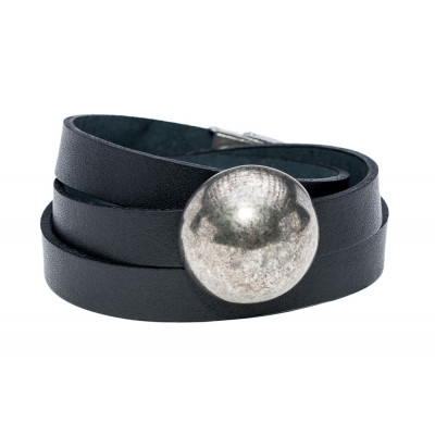 Black leather bracelet with shiny stainless steel sphere