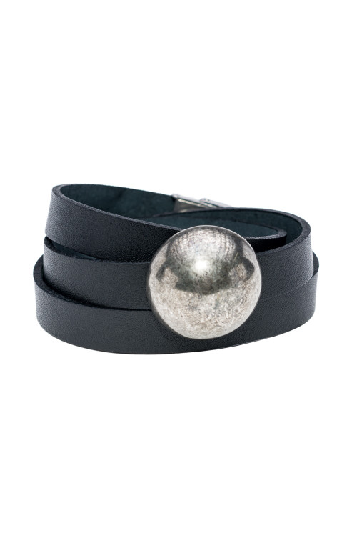 Black leather bracelet with shiny stainless steel sphere