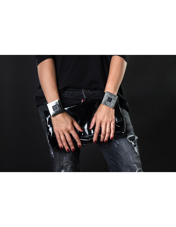 Black wide women's leather bracelet with a matte square accent and magnetic clasp