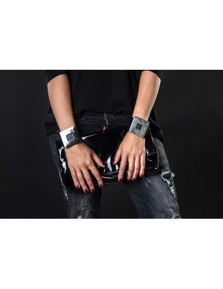 Black wide women's leather bracelet with a matte square accent and magnetic clasp