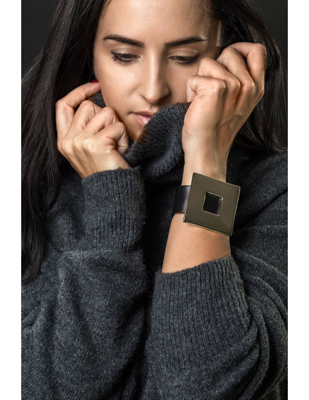 Black natural leather bracelet with a matte square accent – elegant minimalism