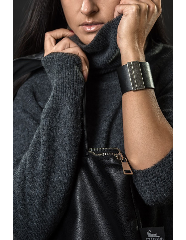 Black wide leather bracelet with matte stainless steel magnetic clasp