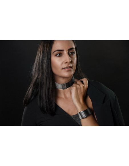 Black women's leather bracelet with stainless steel mesh and a shiny magnetic clasp
