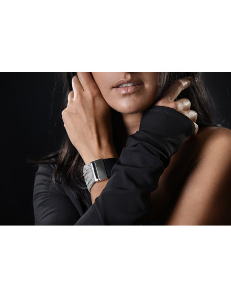 Black women's leather bracelet with stainless steel mesh and a shiny magnetic clasp