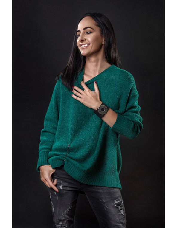 Wide black leather bracelet with matte steel circle and bold minimalist design