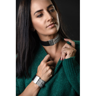 Women's choker necklace made of natural leather and stainless steel mesh with a magnetic clasp 2
