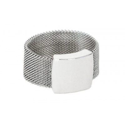 Modern ring made of stainless steel mesh and silver 925