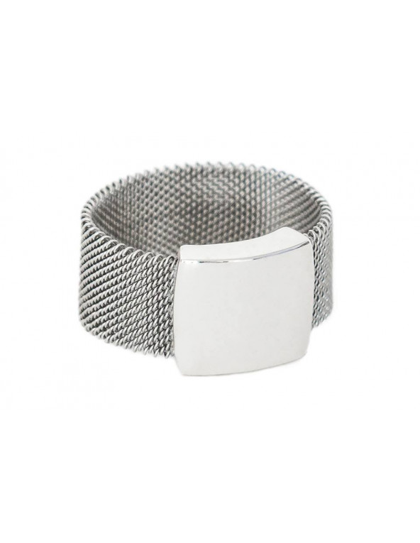 Modern ring made of stainless steel mesh and silver 925