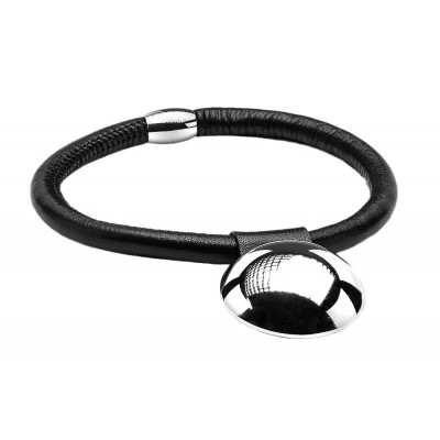 Black leather choker with shiny stainless steel sphere and silver magnetic clasp