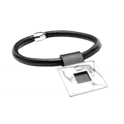 Black leather choker with shiny stainless steel square pendant and silver magnetic clasp