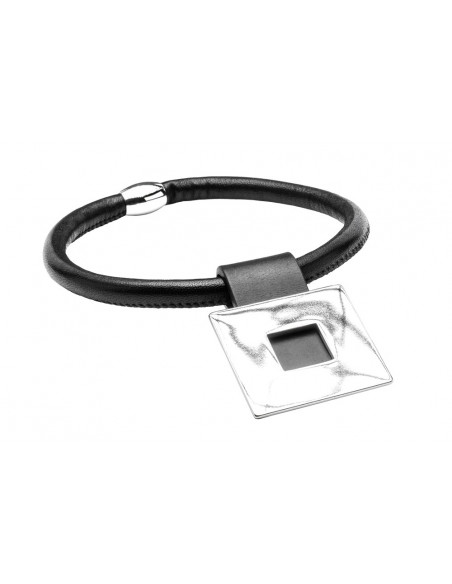 Black leather choker with shiny stainless steel square pendant and silver magnetic clasp