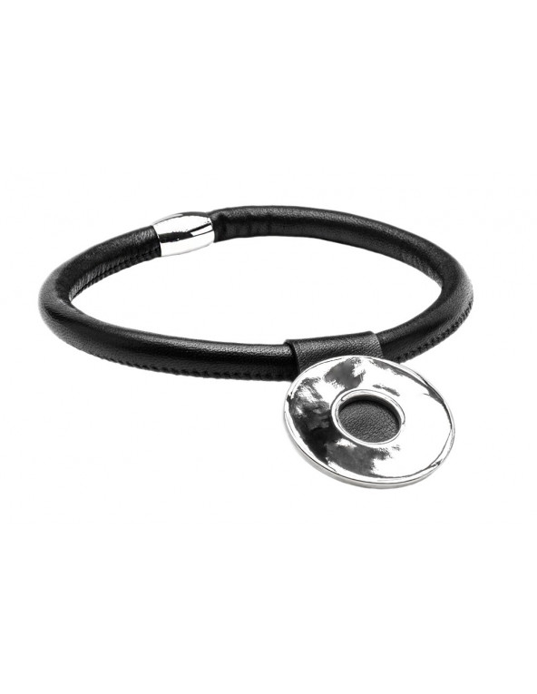 Black leather choker with shiny stainless steel circle pendant and silver magnetic clasp