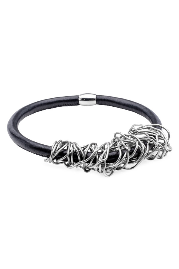 Black genuine leather necklace with silver-plated wire