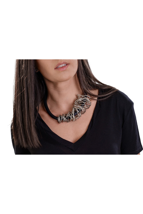 Black genuine leather necklace with silver-plated wire