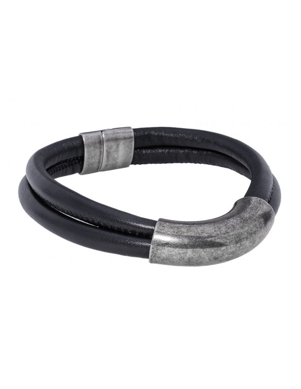 Black leather necklace with large matte stainless steel element and silver magnetic clasp