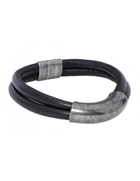 Black leather necklace with large matte stainless steel element and silver magnetic clasp