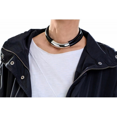 Black leather necklace with large matte stainless steel element and silver magnetic clasp 2