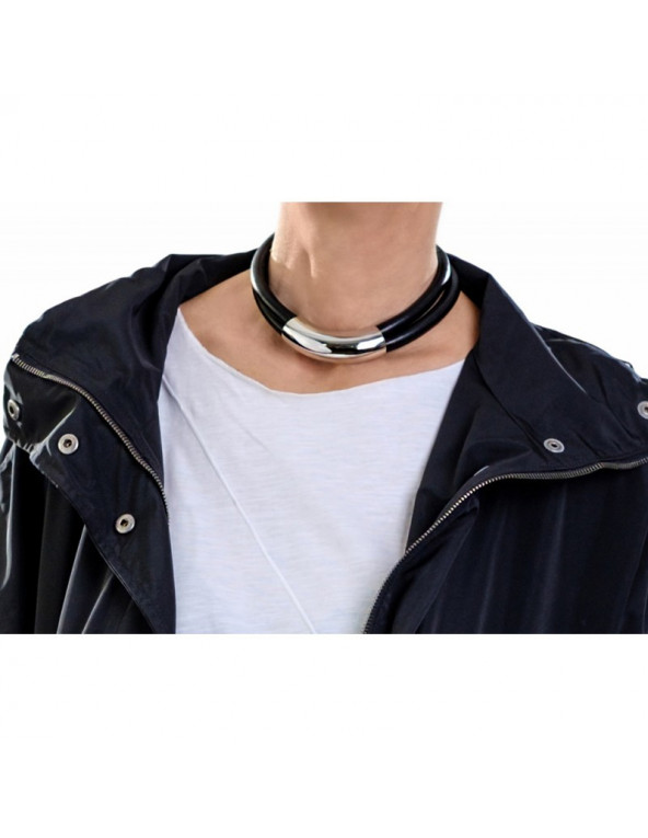 Black leather necklace with large matte stainless steel element and silver magnetic clasp