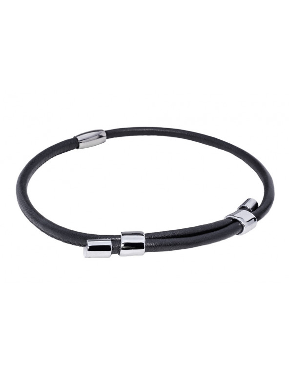 Leather jewelry set with choker and bracelet featuring shiny stainless steel elements