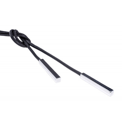 Black leather necklace with shiny rectangular stainless steel element