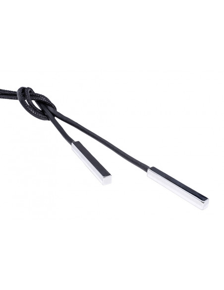 Black leather necklace with shiny rectangular stainless steel element