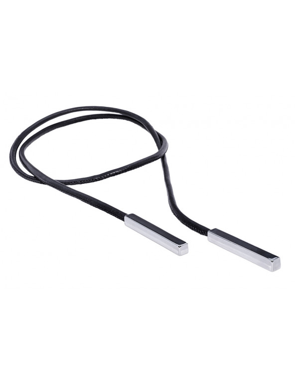 Black leather necklace with shiny rectangular stainless steel element