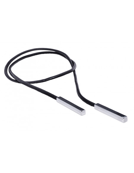 Black leather necklace with shiny rectangular stainless steel element