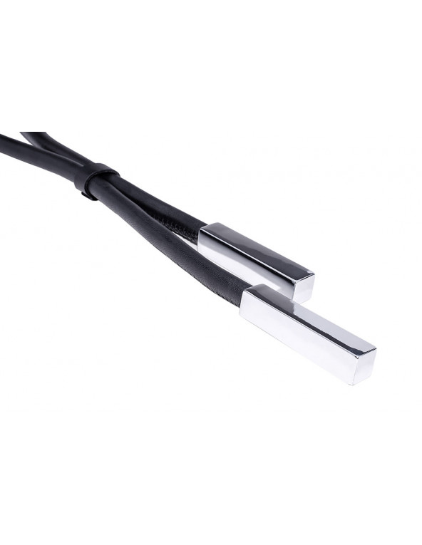 Black leather necklace with shiny rectangular stainless steel element
