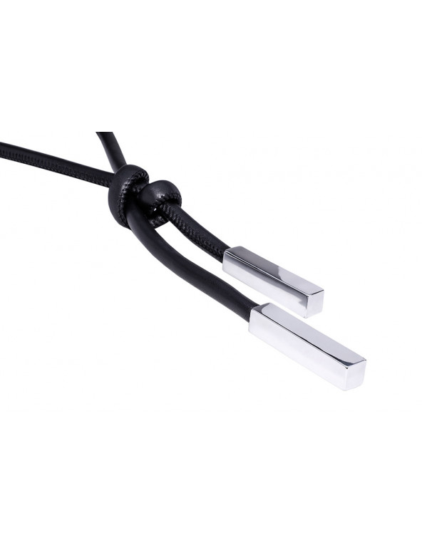 Black leather necklace with shiny rectangular stainless steel element