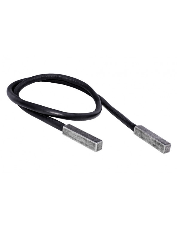 Black leather necklace with matte rectangular stainless steel element