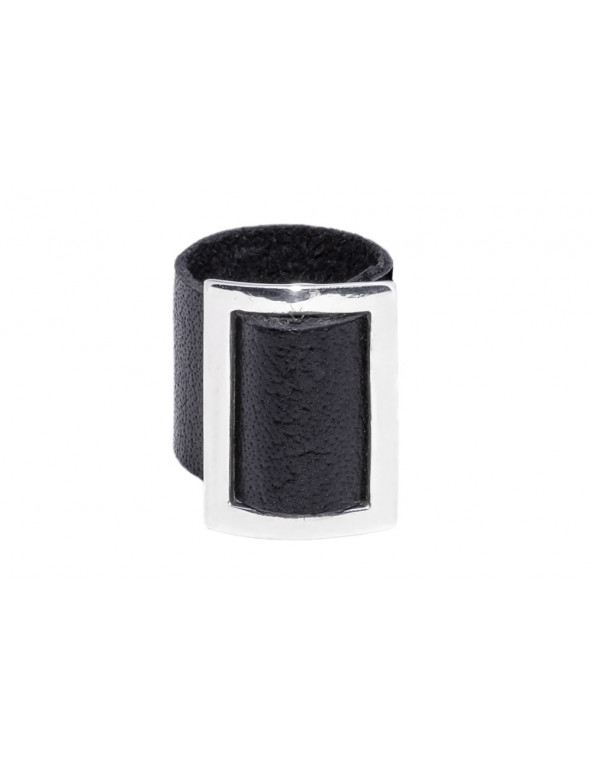 Adjustable ring made of leather and rhodium-plated 925 sterling silver – black and wide