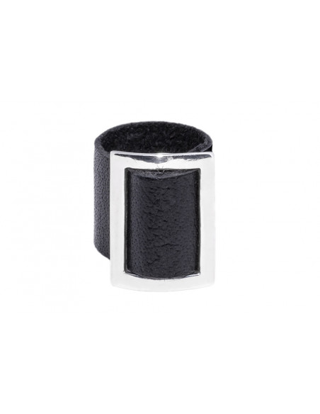 Adjustable ring made of leather and rhodium-plated 925 sterling silver – black and wide