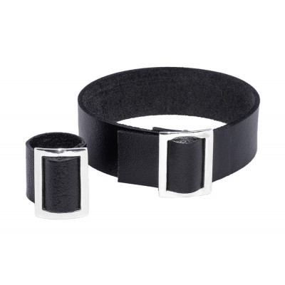 Jewelry set with black leather and silver – adjustable ring and bracelet
