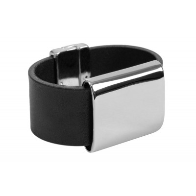 Black leather bracelet with polished stainless steel element and magnetic clasp