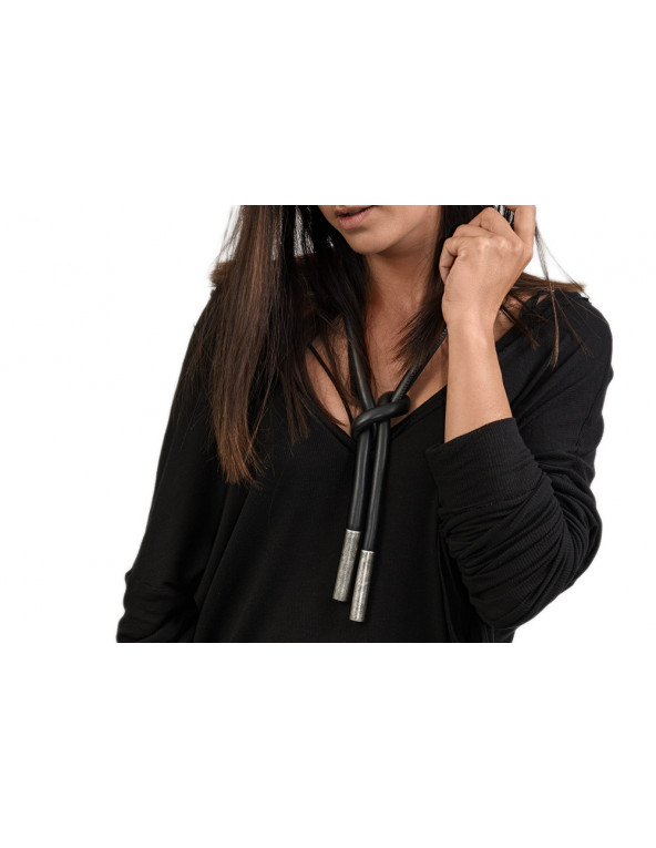 Black leather necklace with matte rectangular stainless steel element