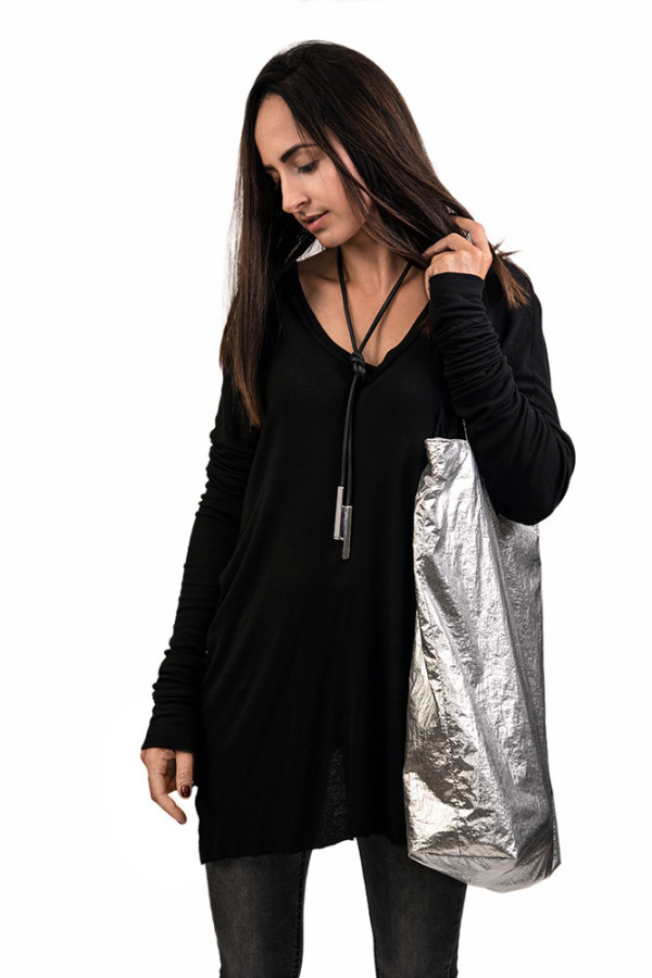 Black leather necklace with shiny rectangular stainless steel element 2