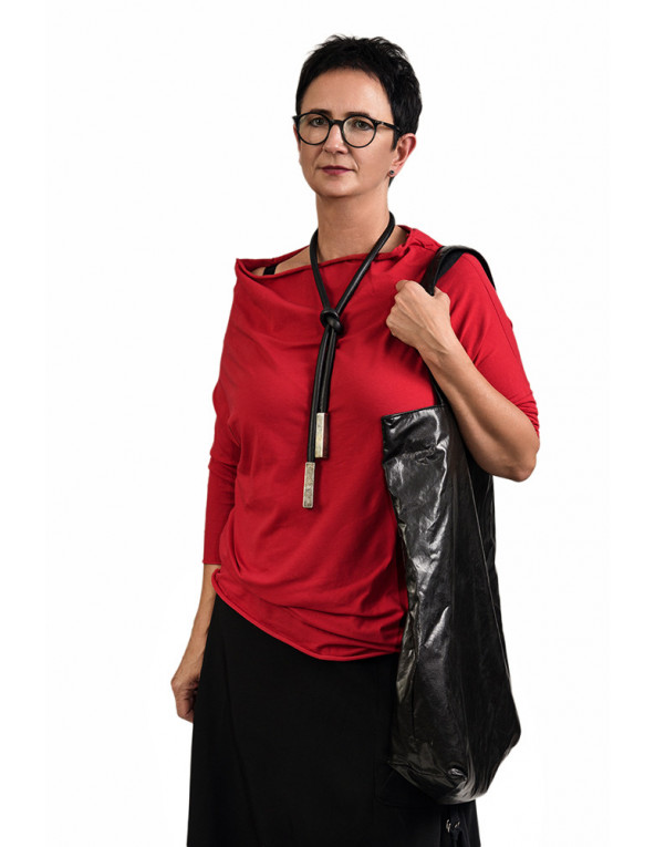 Black leather necklace with matte rectangular stainless steel element