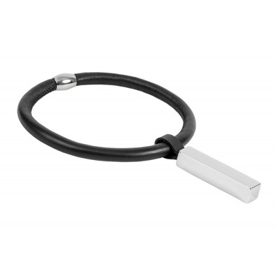 Black leather choker necklace with shiny rectangular stainless steel pendant
