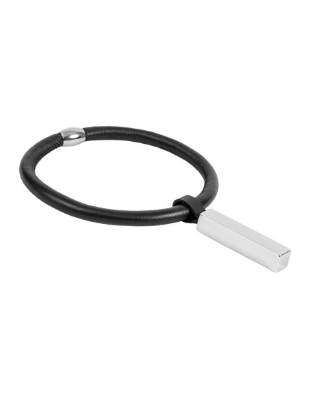 Black leather choker necklace with shiny rectangular stainless steel pendant