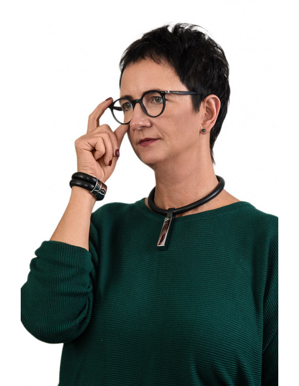 Black leather choker necklace with shiny rectangular stainless steel pendant