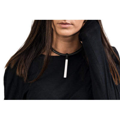 Black rubber choker necklace with matte rectangular stainless steel pendant 2