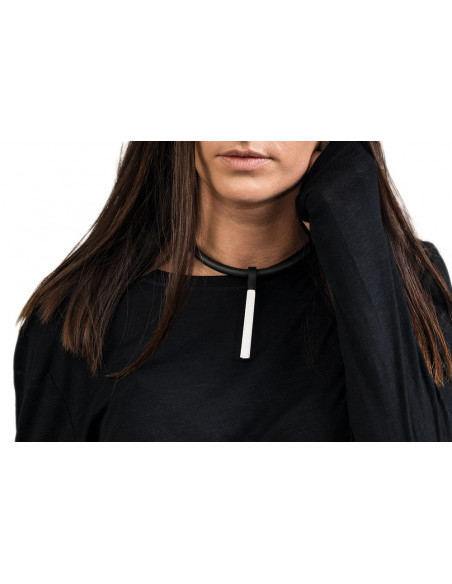 Black rubber choker necklace with matte rectangular stainless steel pendant
