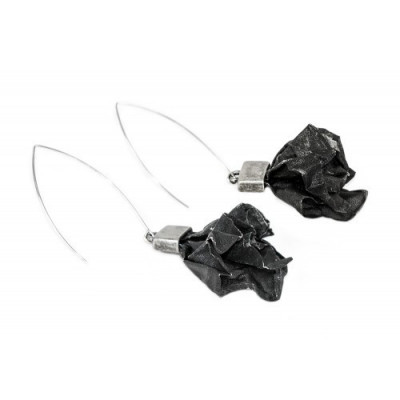 Handmade sterling silver earrings with matte stainless steel mesh in steel-black distressed shade