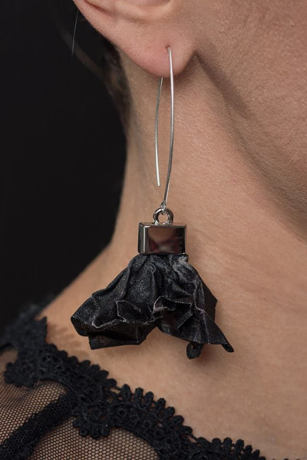 Handmade sterling silver earrings with matte stainless steel mesh in steel-black distressed shade 2