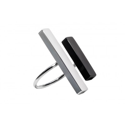 Adjustable stainless steel ring in silver and black with geometric rectangle design