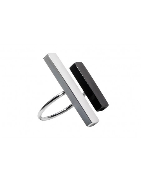 Adjustable stainless steel ring in silver and black with geometric rectangle design