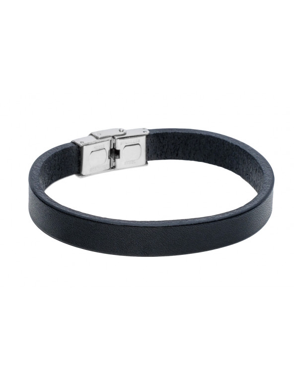Men’s black leather bracelet with silver watch clasp