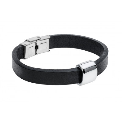 Black leather bracelet with a shiny stainless steel accent.