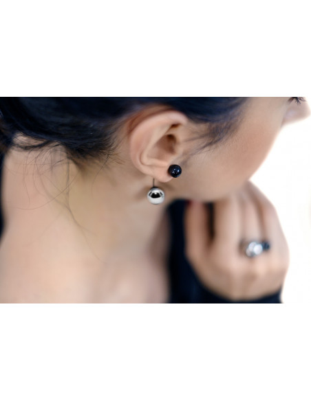 Stainless steel earrings in silver and black, spherical design