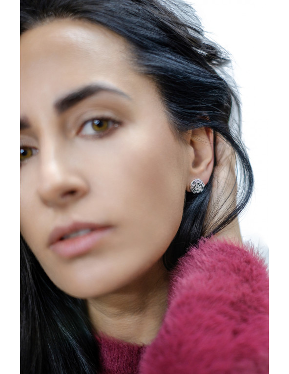 Handmade earrings made of 925 sterling silver and stainless steel mesh in steel-grey tones